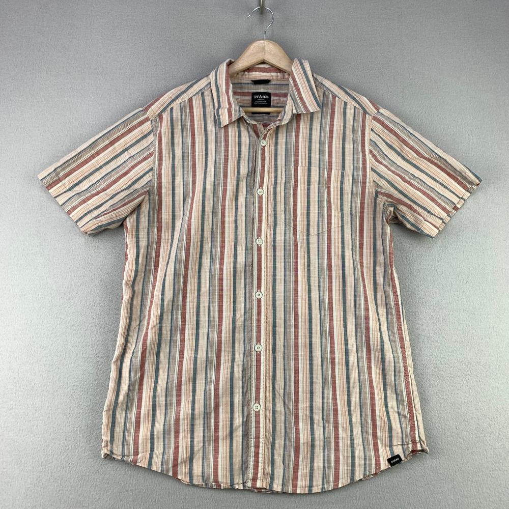 prAna Groveland Shirt Mens Medium Striped Camp Collar Slim-Fit Short Sleeve